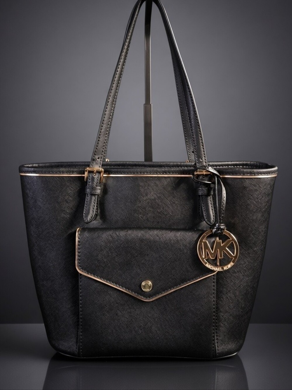 Michael Kors Saffiano Leather Frame Medium Pocket Tote Bag- Black/Gold
